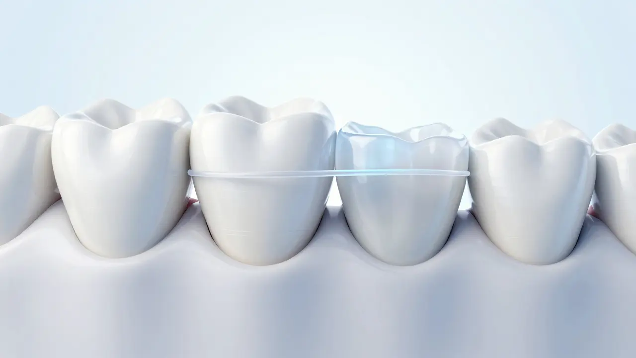 Konceptuální znázornění aplikace keramické fazety na zub.