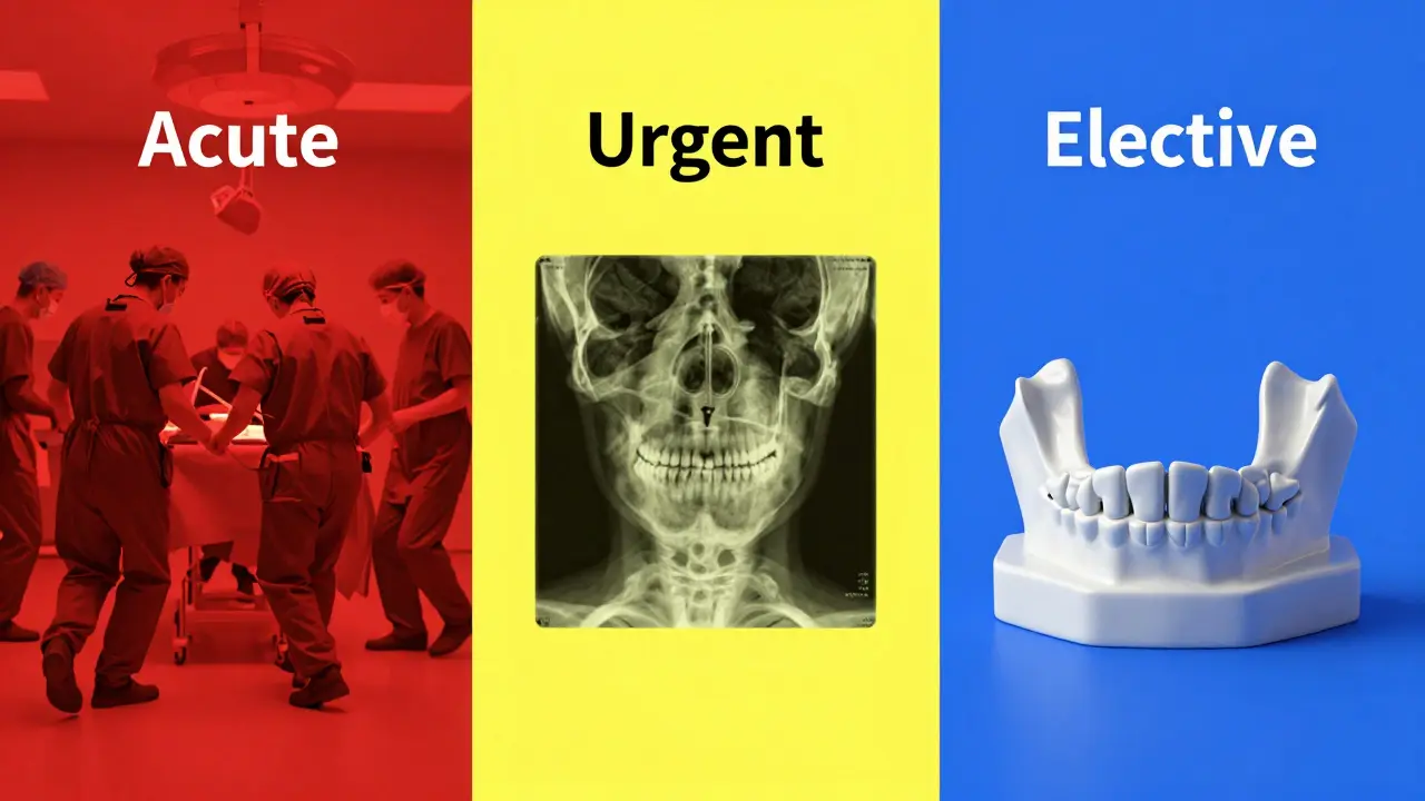 Konceptuální znázornění prioritizace pacientů od akutních stavů po plánované zákroky.