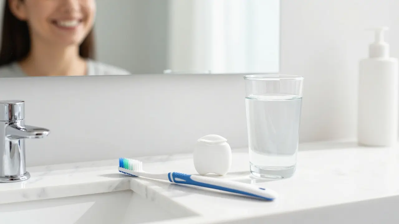 Koupelnové vybavení pro každodenní péči o zuby s fazetami.