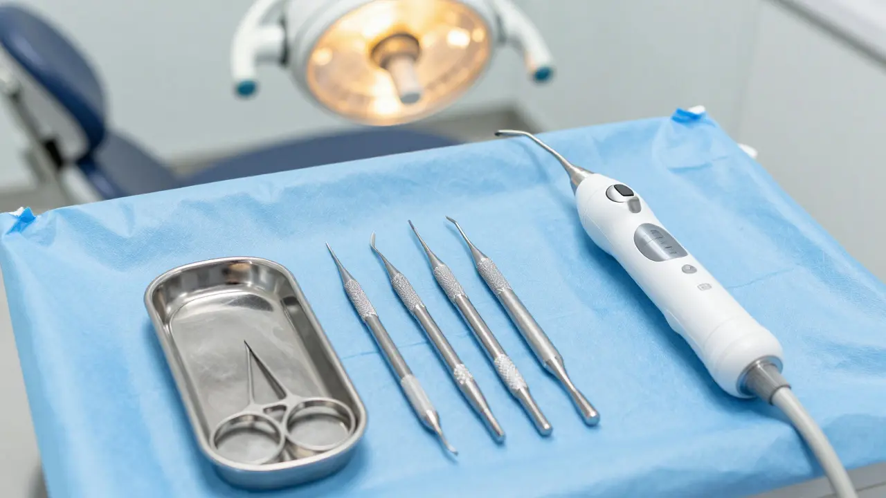 Kurety a ultrazvukové přístroje připravené v zubní ordinaci.