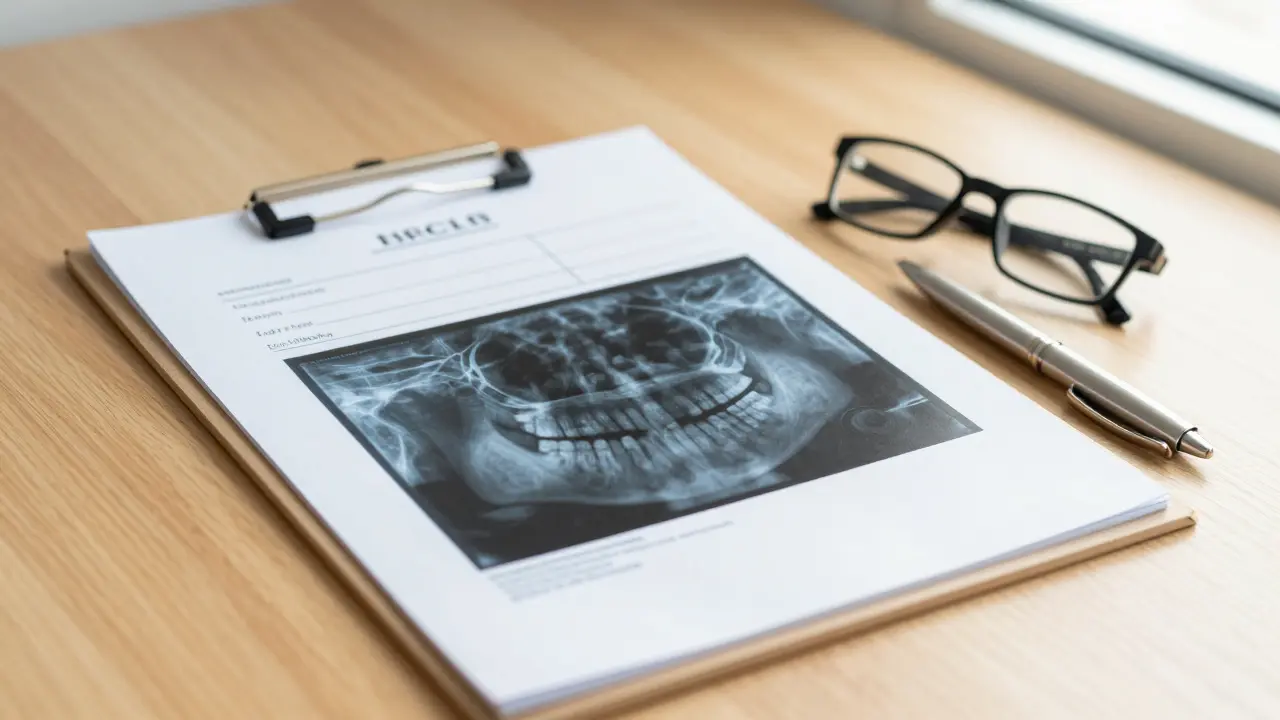 Lékařská složka s panoramatickým rentgenem čelistí a doporučením k operaci.