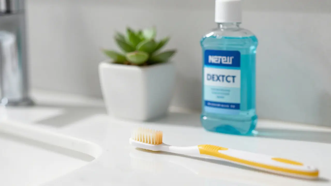 Měkký zubní kartáček a ústní voda na mramorovém stole v moderní koupelně.