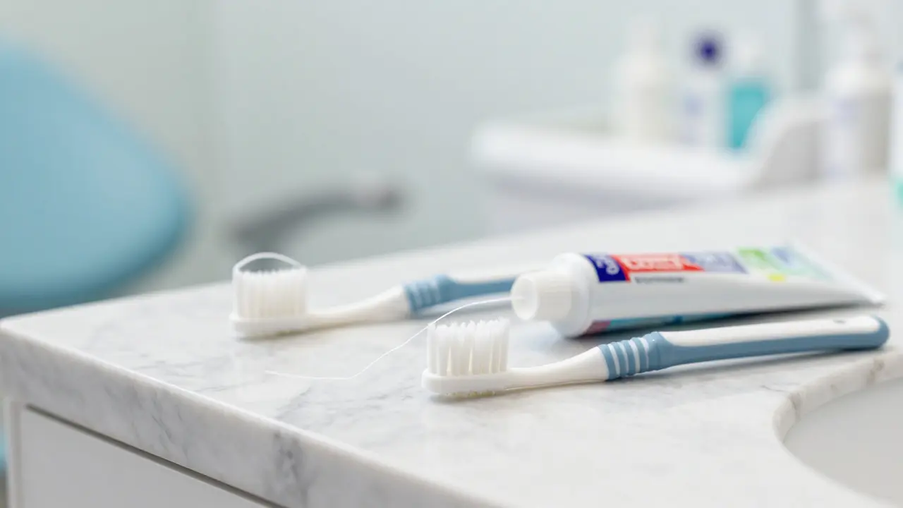 Mezizubní kartáček, nit a fluoridová pasta pro prevenci kazů.