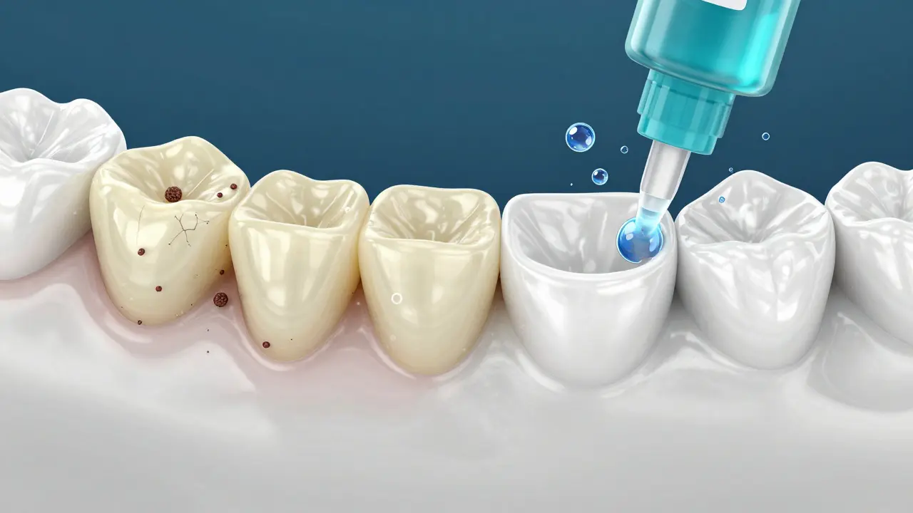 Mikroskopické srovnání znečištěného povrchu protézy a čistého povrchu po dezinfekci.