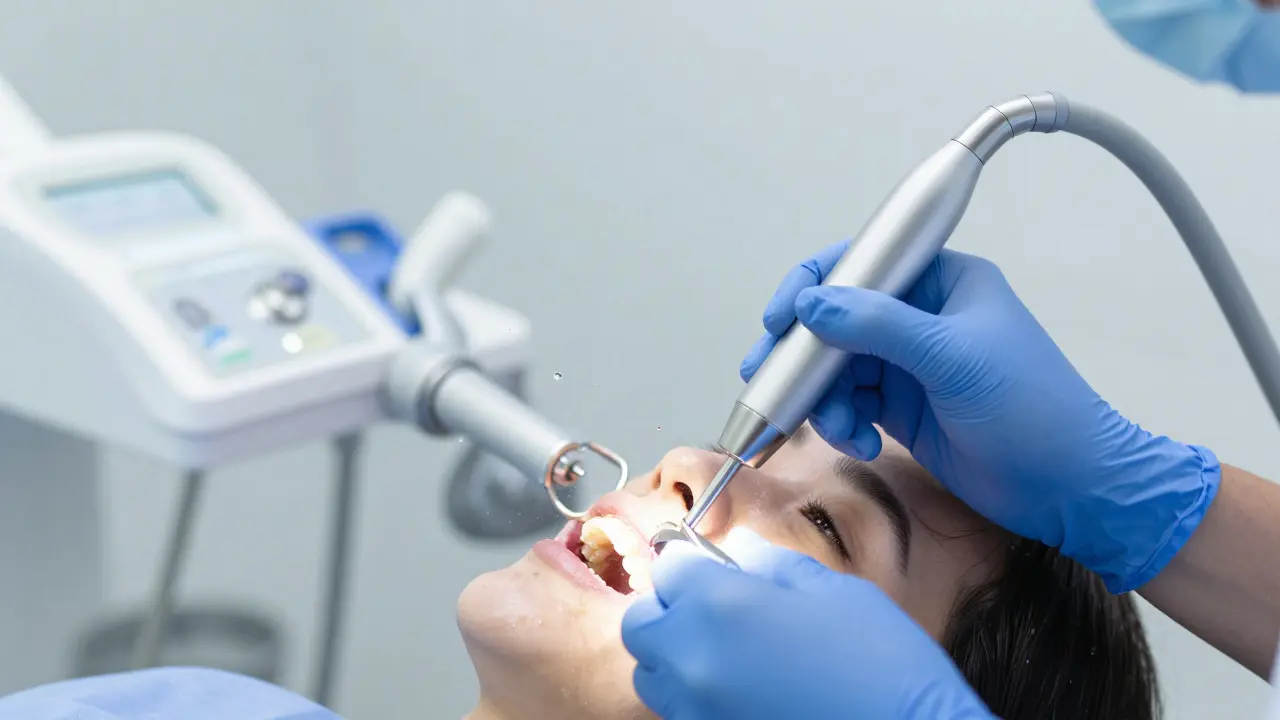 Profesionální hygienické čištění zubů pomocí ultrazvukového přístroje v ordinaci.