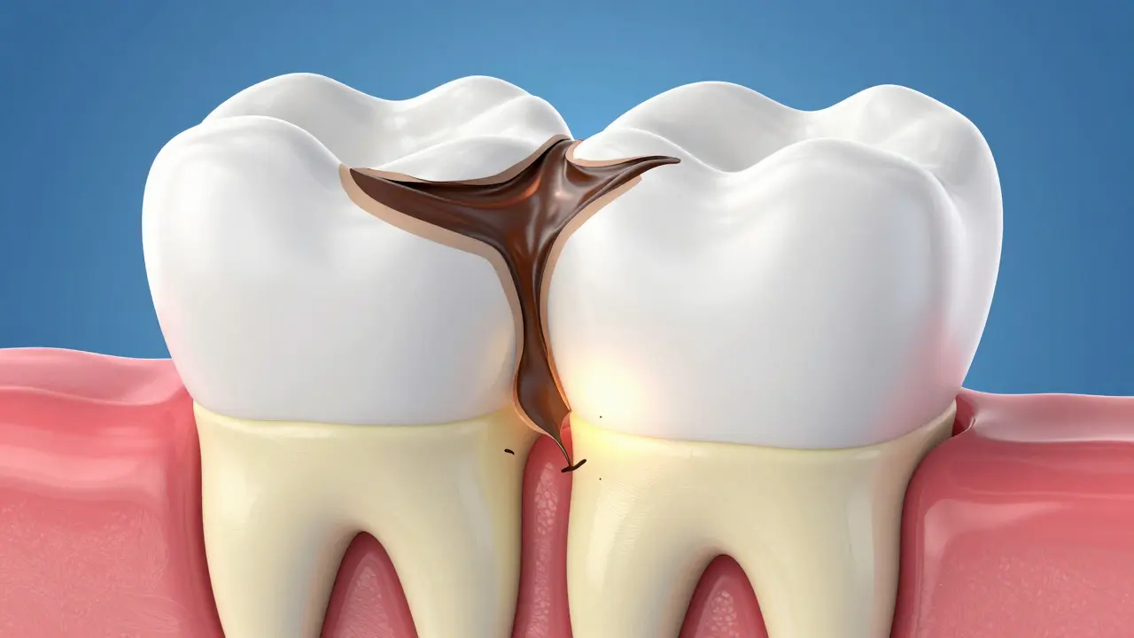 Průřez zubem znázorňující postup kazu ze skloviny do dentinu.