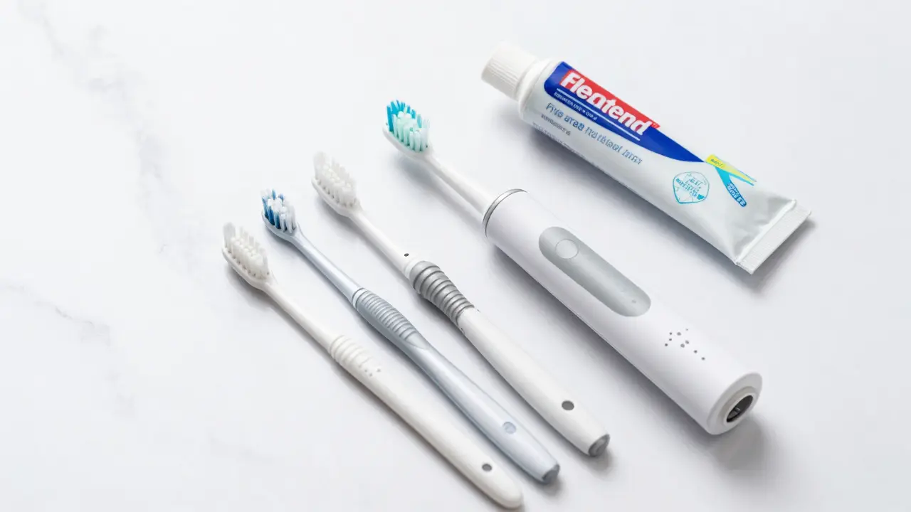 Sada nástrojů pro prevenci: elektrický kartáček, mezizubní kartáčky a fluoridová pasta.