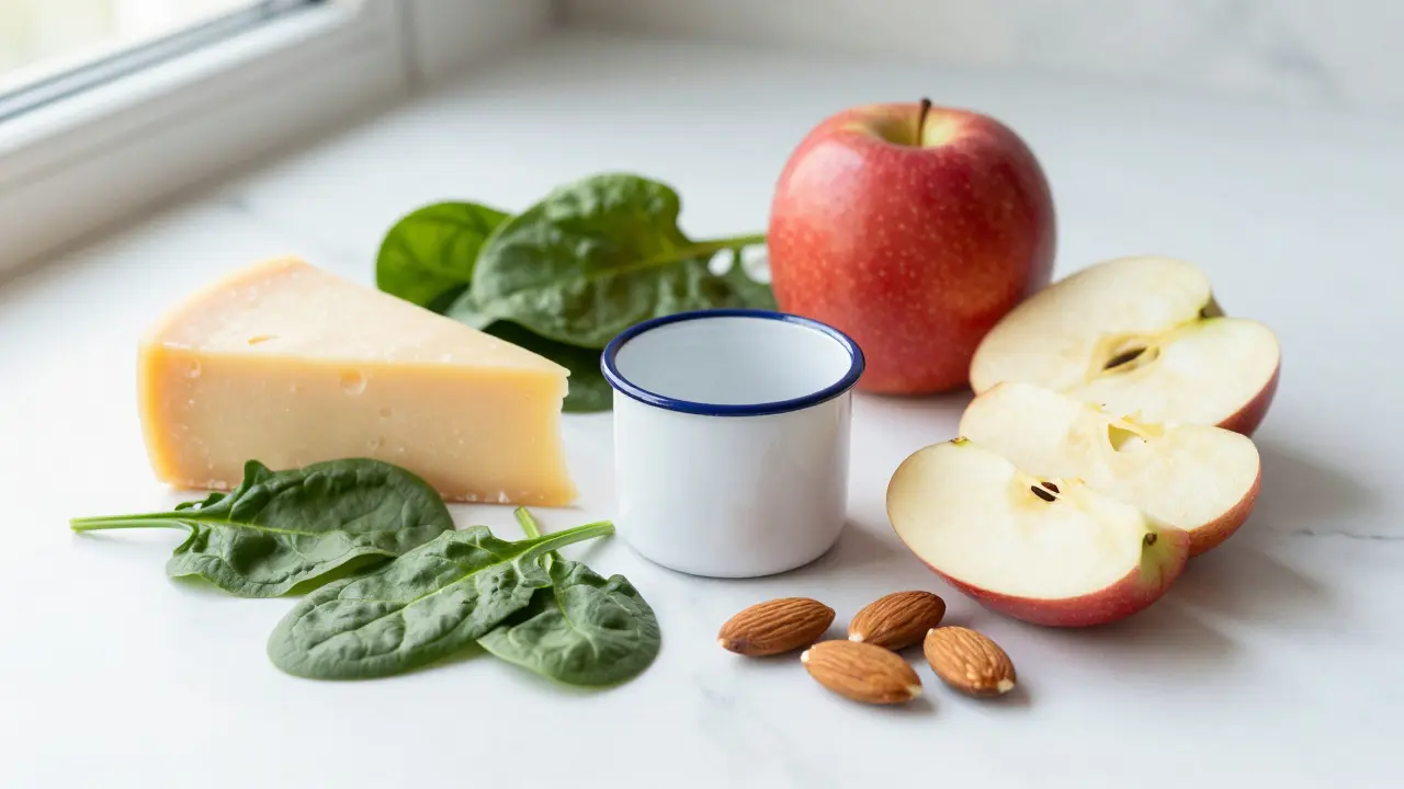 Sada potravin pro zpevnění zubů: sýr, špenát, jablka a ořechy na bílém mramoru.