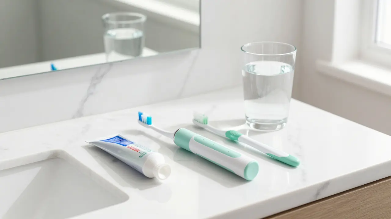 Sada pro denní hygienu zubů včetně elektrického kartáčku a mezizubních kartáčků.