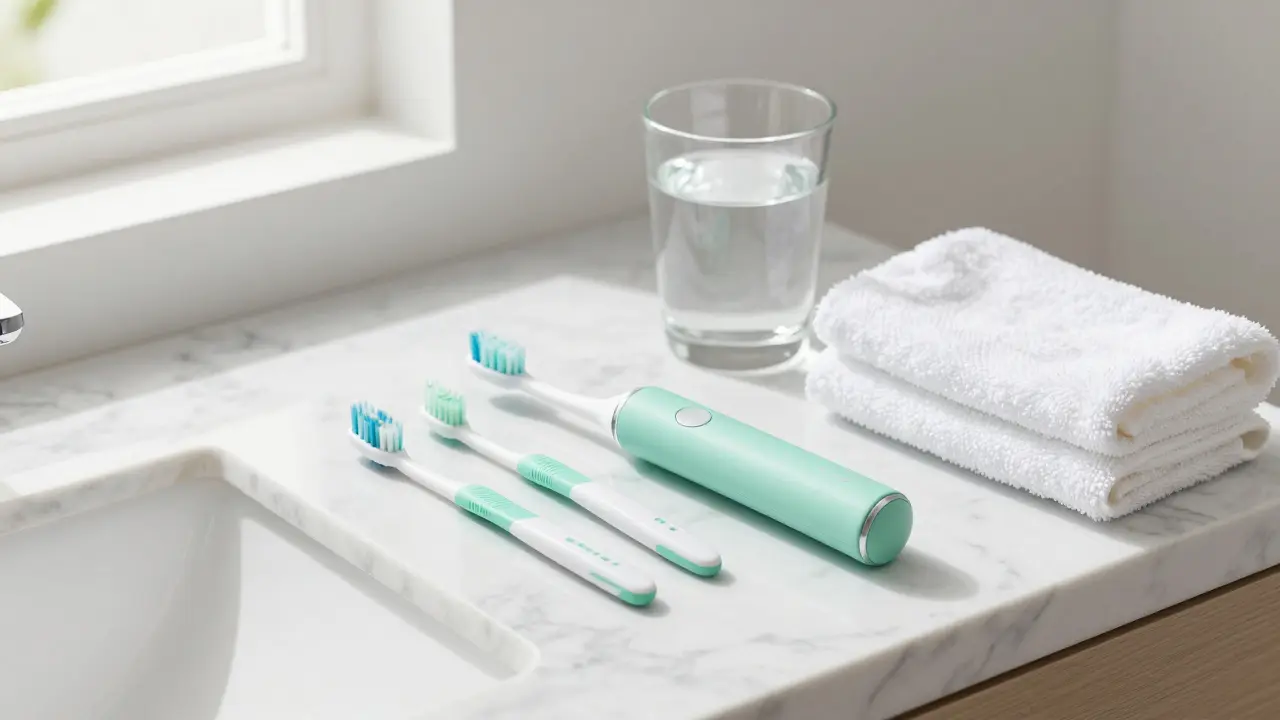 Sada pro domácí péči o zuby včetně elektrického kartáče a mezizubních kartáčků.