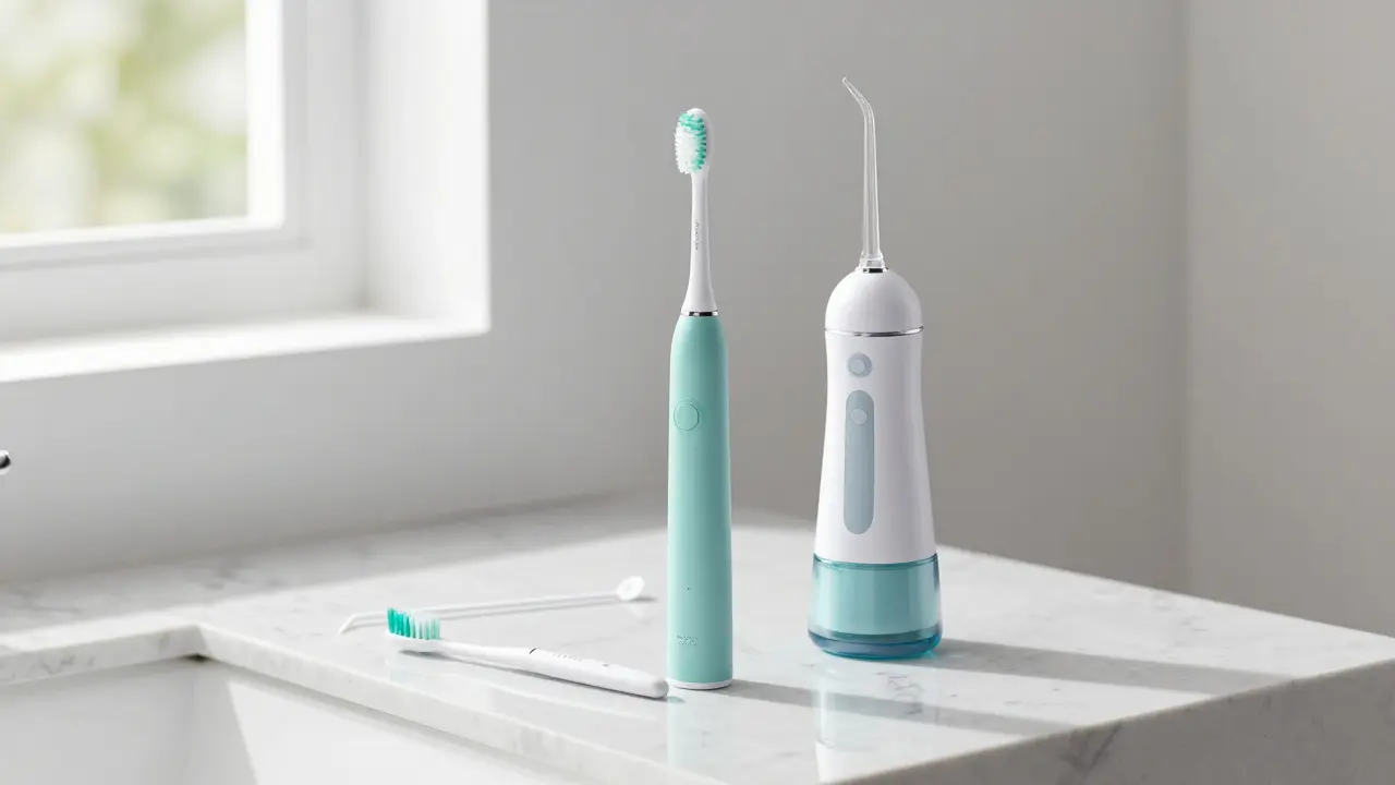 Sada pro prevenci: sonický kartáček, vodní nit v kombinaci s mezizubním kartáčkem.