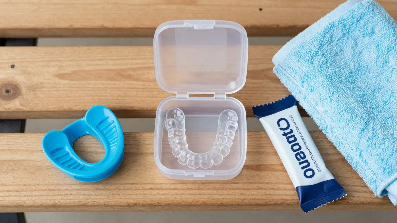 Snímací rovnátka v pouzdře vedle sportovního záštitníku a proteinové tyčinky.