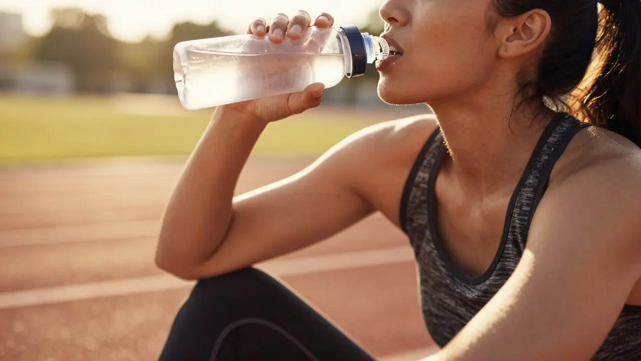 Sportovec vkládající průhlednou vložku rovnátka po tréninku na běžeckém ovládání.