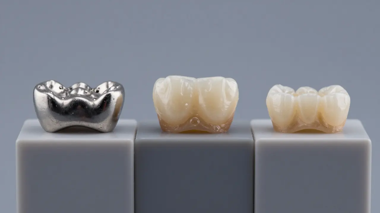 Srovnání tří typů zubních korunek: metalokeramické, zirkonové a celokeramické.