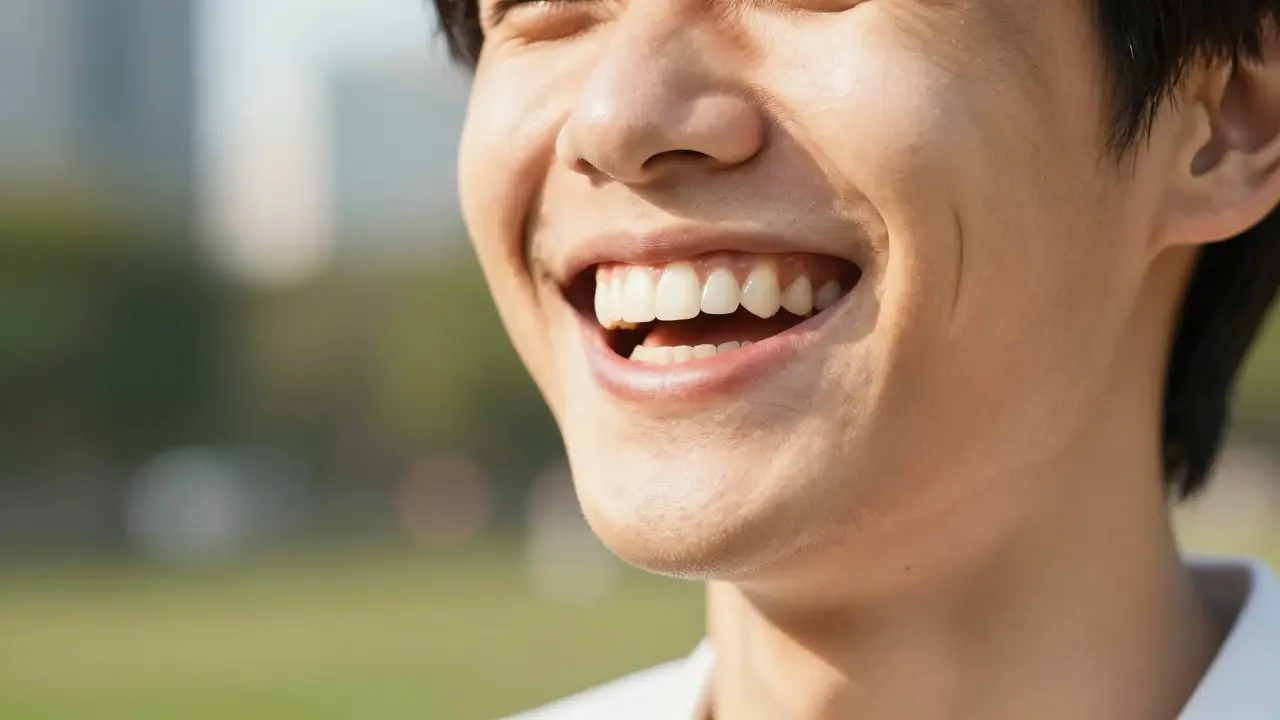 Šťastná osoba s krásným, bílým a přirozeným úsměvem.
