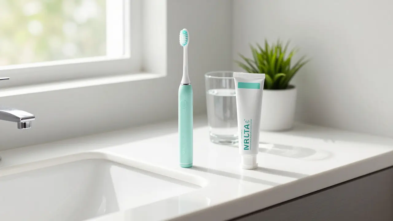 Ultrazvukový kartáček a bělící pasta v moderní koupelně