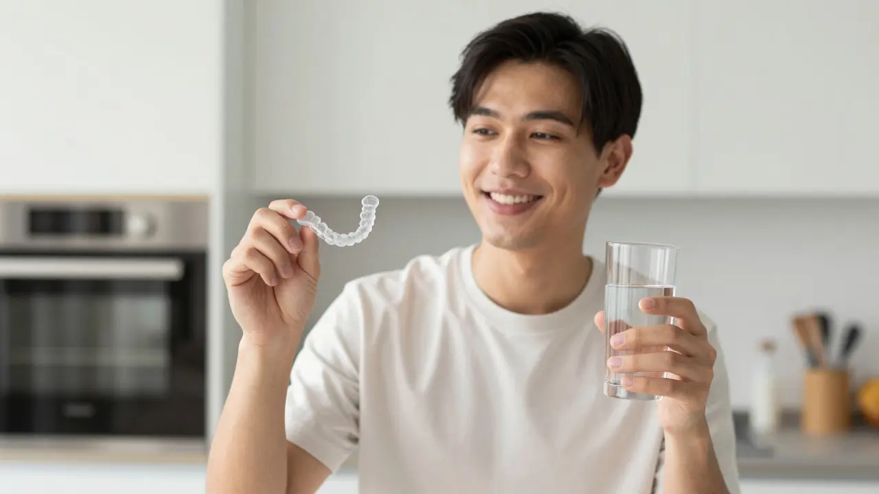 Usmívající se člověk s pouzdrem na neviditelnou rovnátko v moderním interiéru.