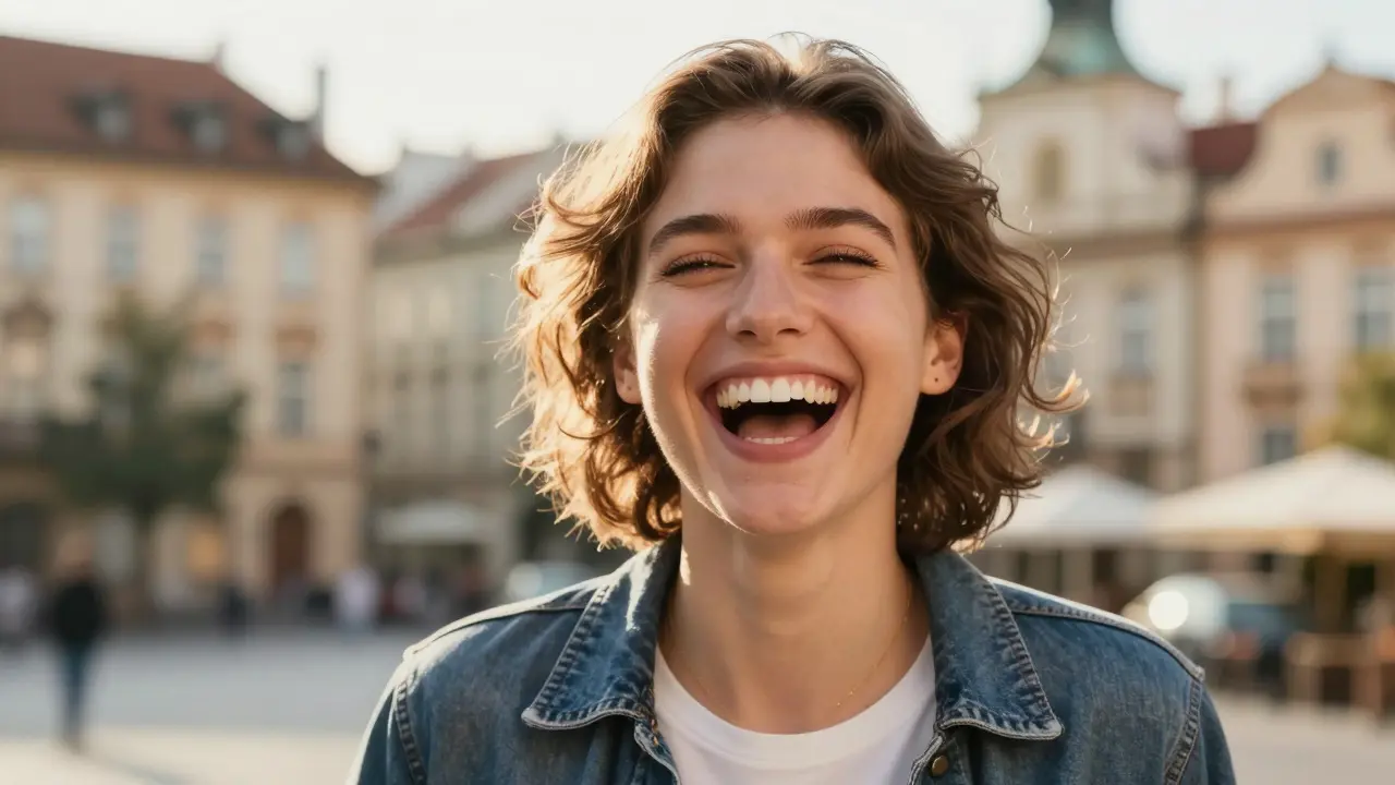 Zářivý a přirozený úsměv sebevědomého člověka v přirozeném světle.