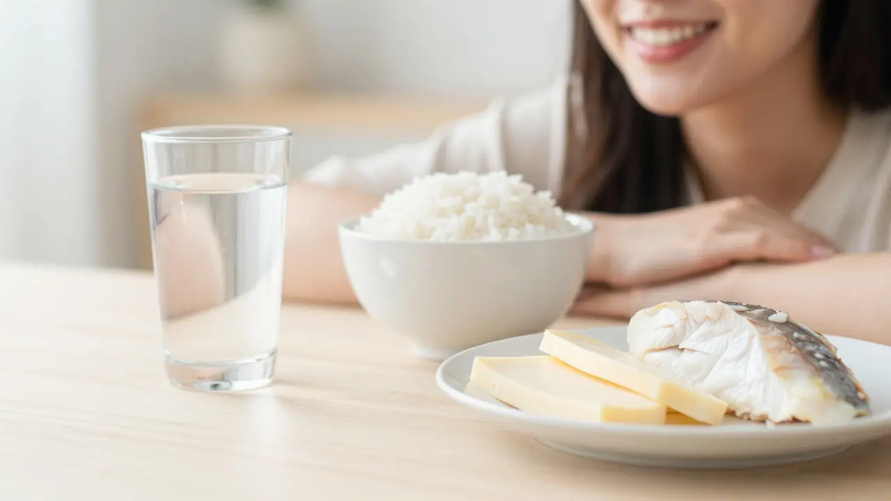 Zdravé bílé potraviny na stole vedle člověka s zářivým úsměvem.