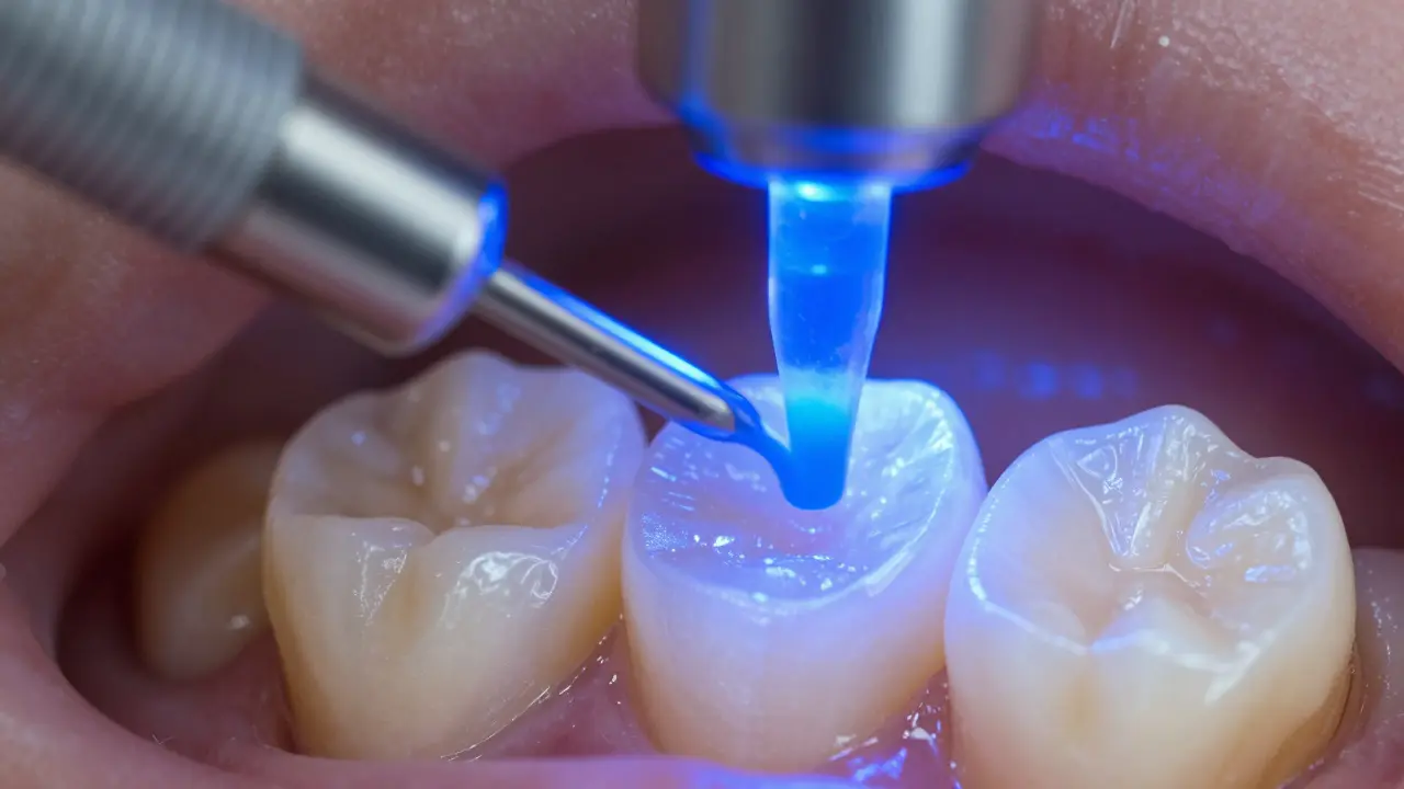 Zubař používá modré světlo k ztvrdnutí bílé kompozitní plomby