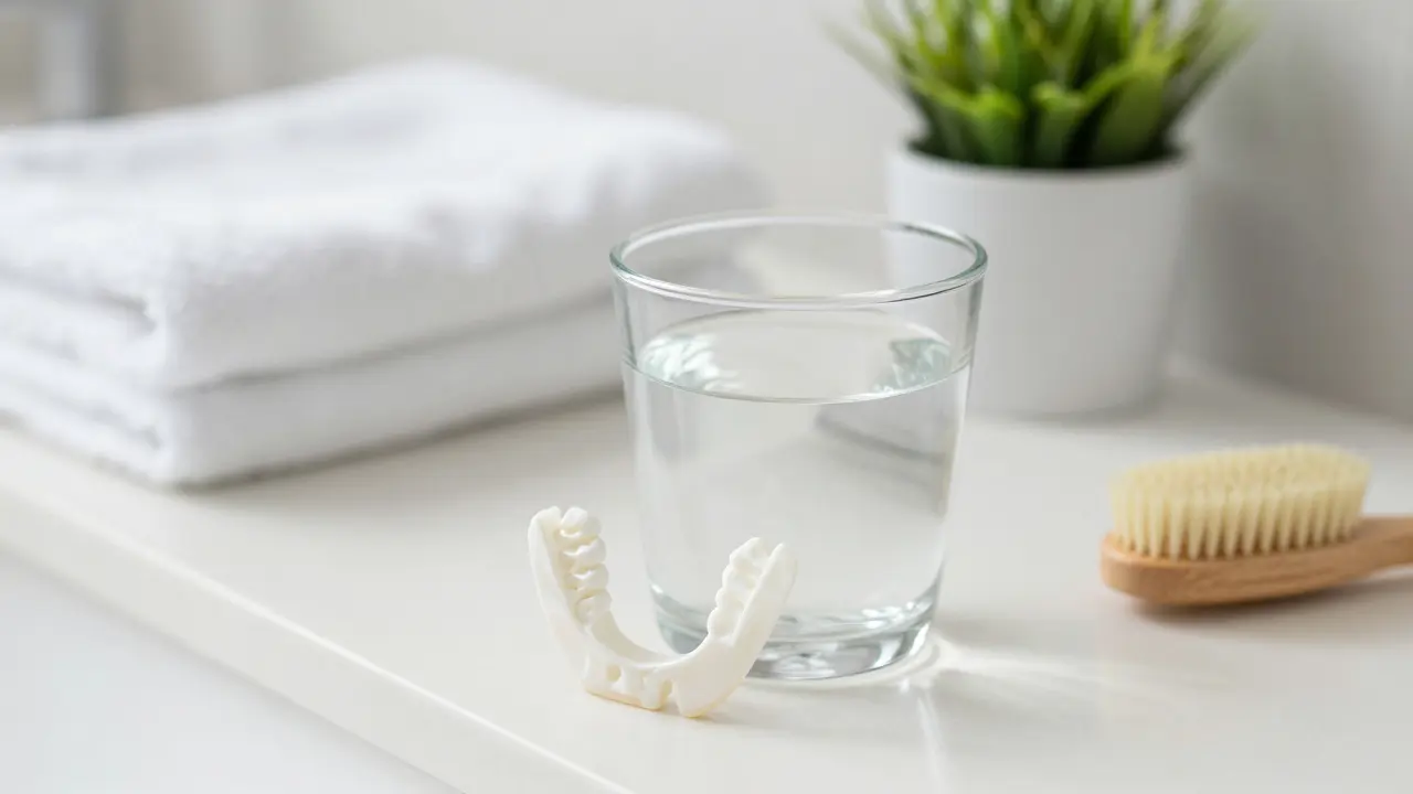 Zubní protéza v čistícívém roztoku vedle kartáčku na koupelnovém pultu.