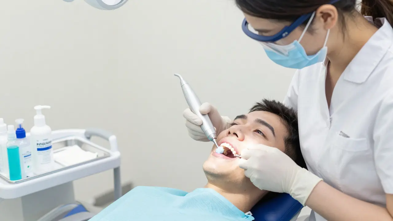 Dentální hygienista provádí profesionální čištění a leštění zubů v ordinaci