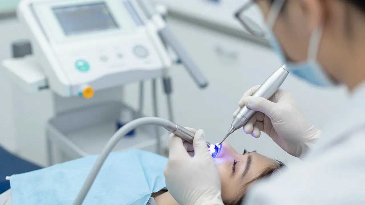 Dentista aplikuje kompozitní materiál na zub