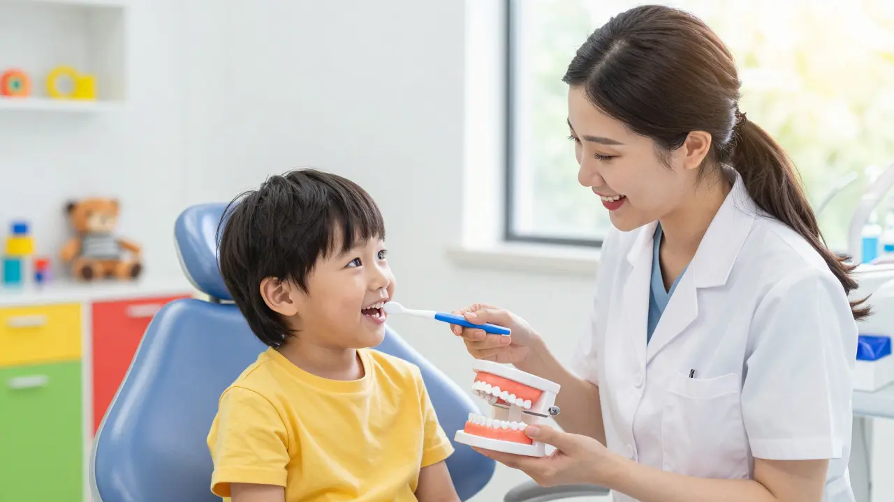 Hygienistka učí dítě správné čištění zubů pomocí modelu čelisti v ordinaci.