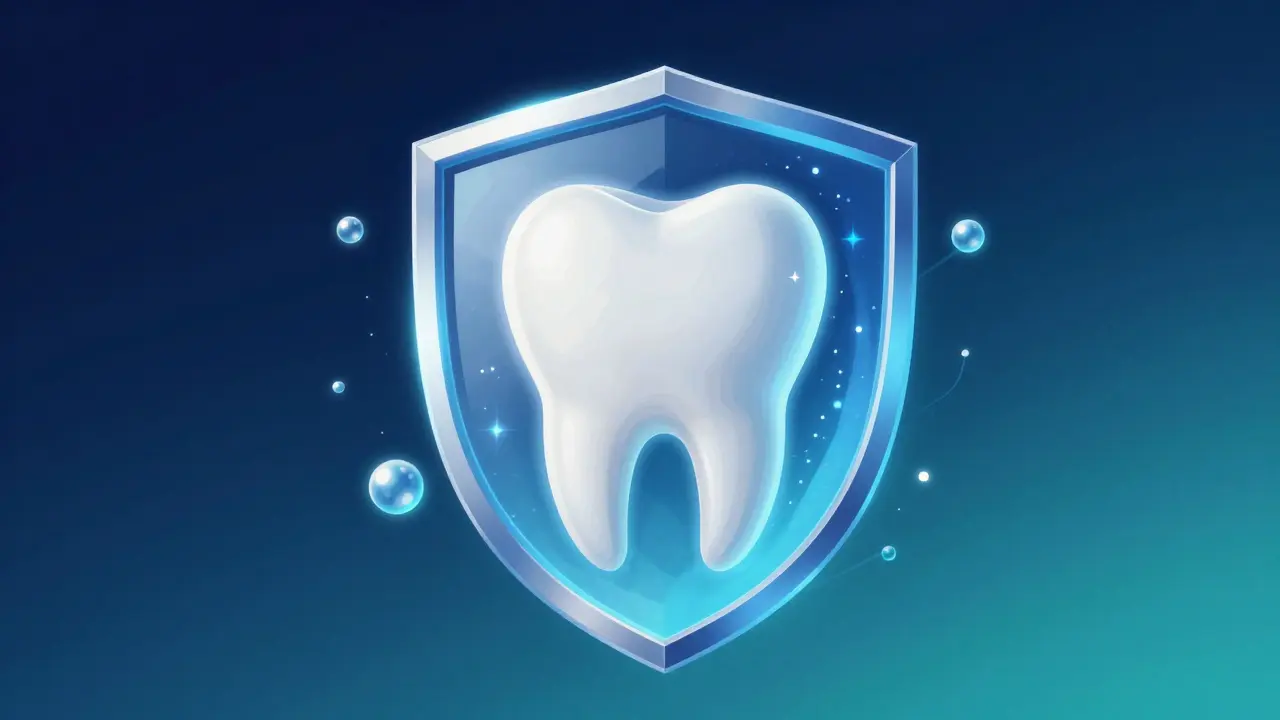 Konceptuální ilustrace chráněných bílých zubů s částicemi fluoridu.