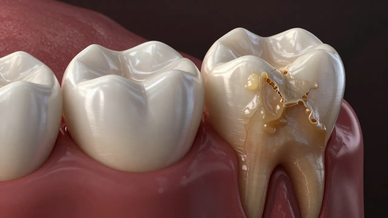 Konceptuální zobrazení přeměny plaku v tvrdý zubní kámen