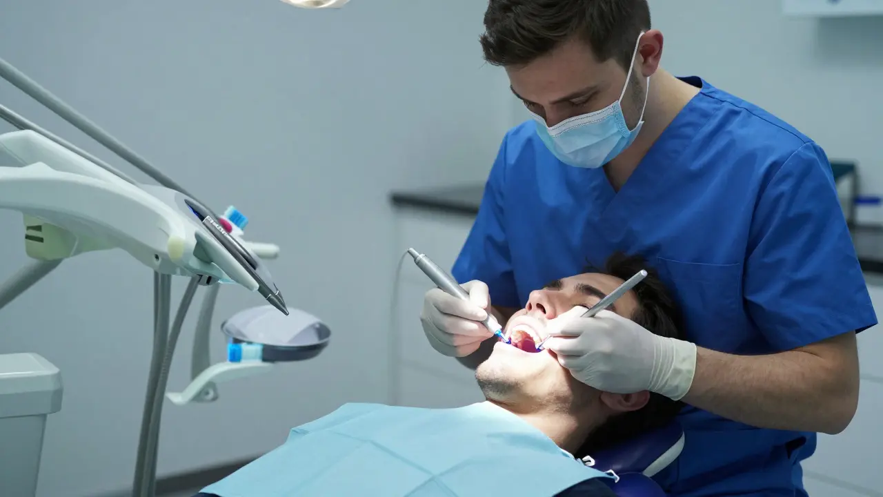 Stomatolog aplikuje keramickou plůšku v moderní ordinaci