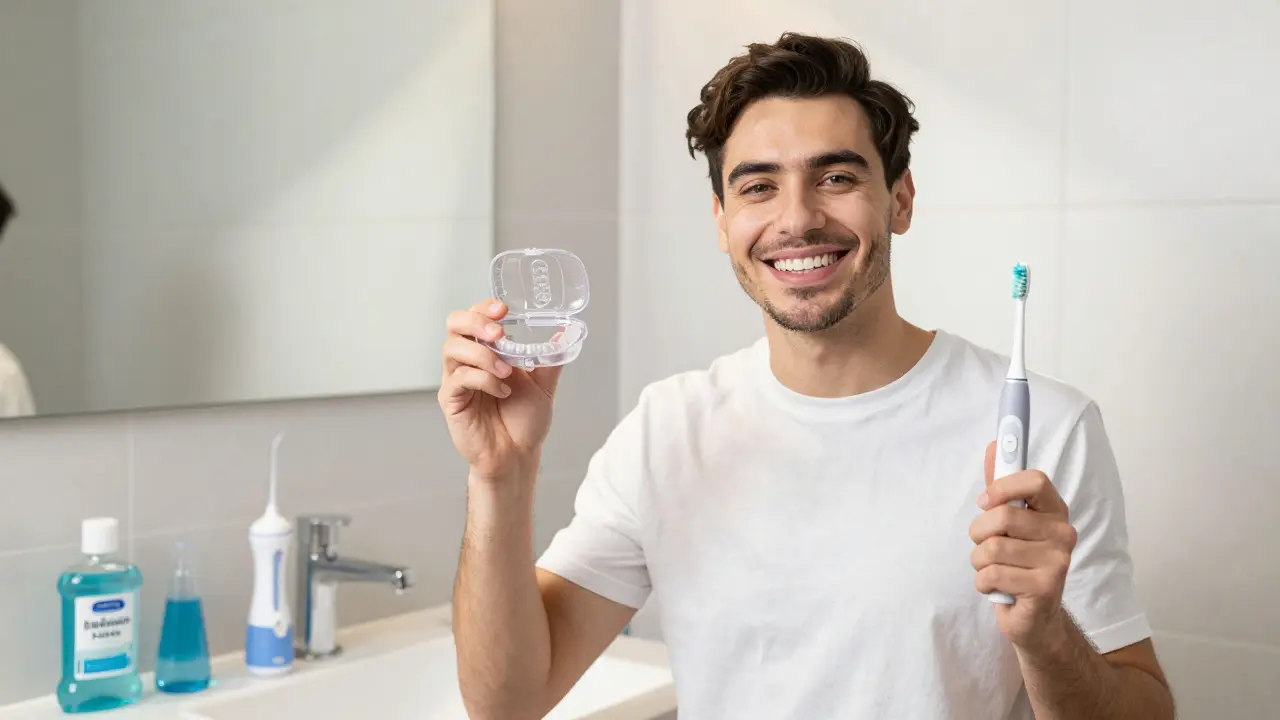 Úsměv s retainrem a elektrickým kartáčem pro péči po rovnátkách