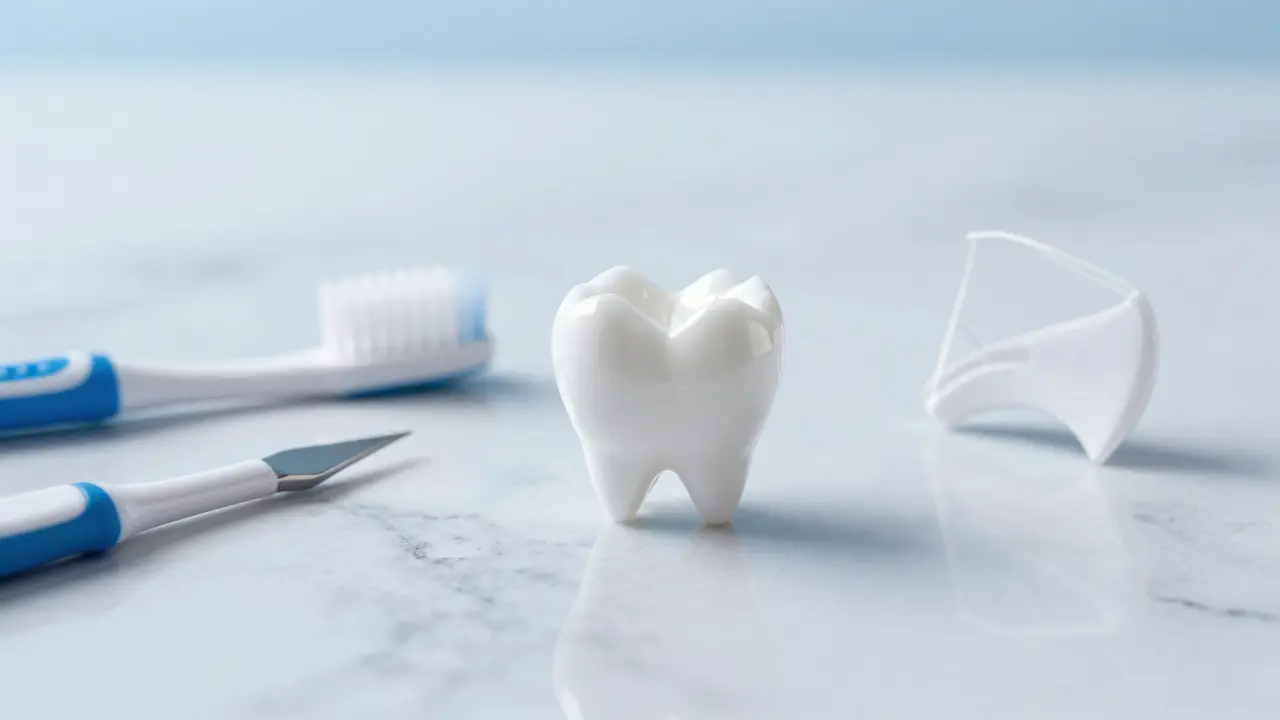 Zubní implantát a hygienické potřeby na čistém povrchu, symbolizující snadnou péči