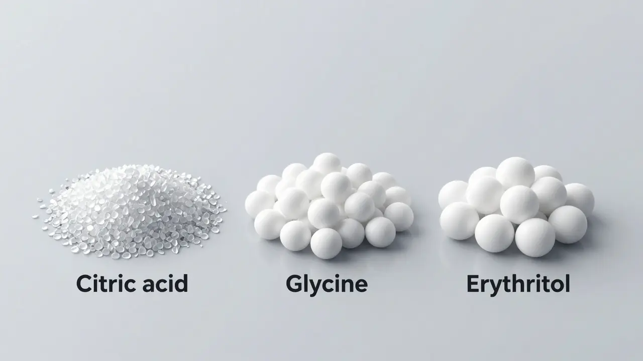 Ilustrace tří typů prášků pro pískování zubů: citronová kyselina, glycin, erythritol