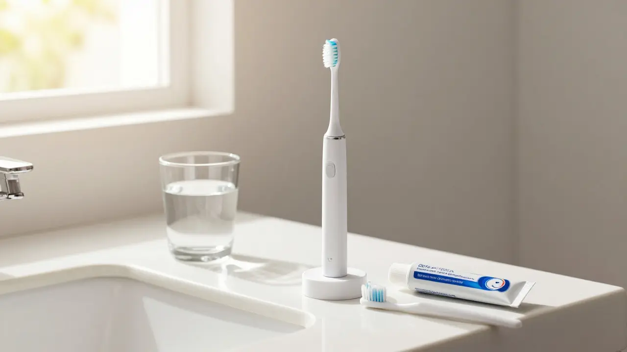 Moderní sonický kartáček na koupelnovém pultu s doplňkovými hygienickými pomůckami