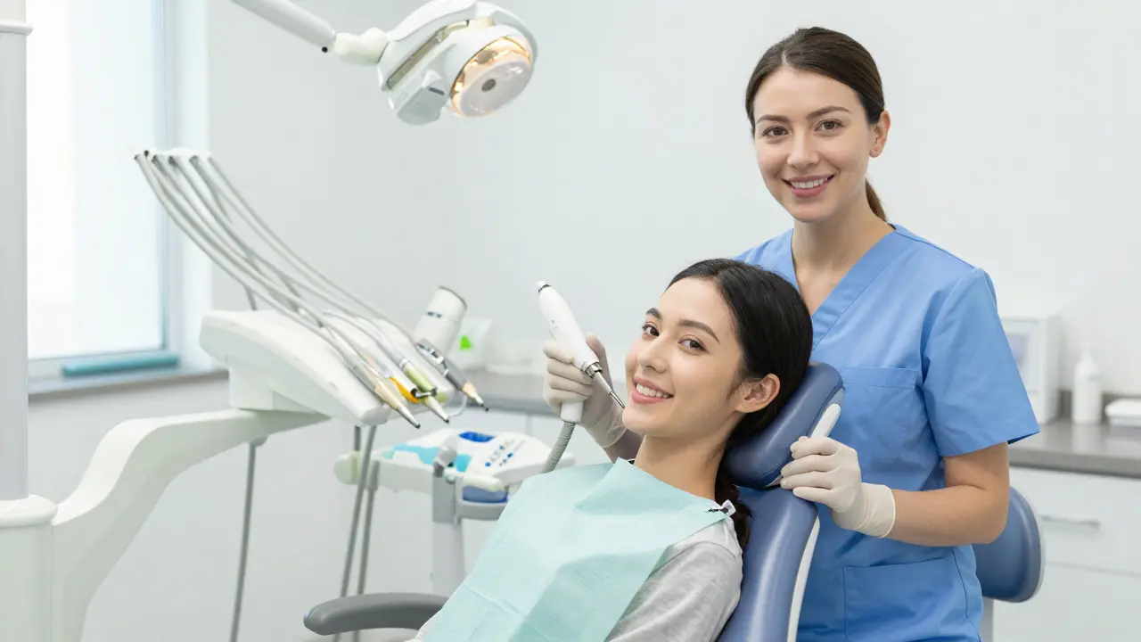 Pacient se usmívá v křesle dentálního hygienika při čištění