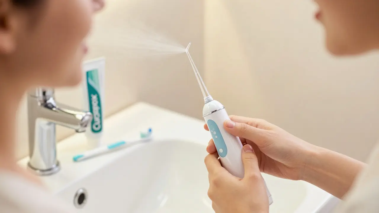 Používání ústní sprchy pod správným úhlem vedle zubních potřeb