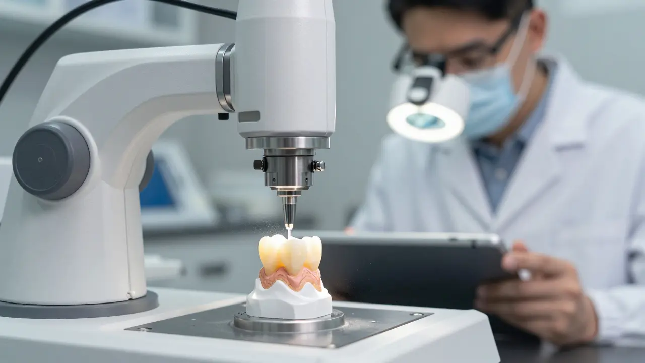 Robotická frézka vyrábí keramickou korunku v zubní laboratoři