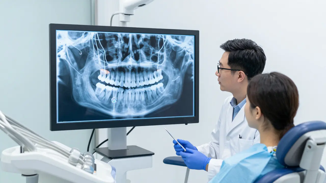 Zubní lékař ukazuje pacientovi 3D CT sken čelisti na monitoru