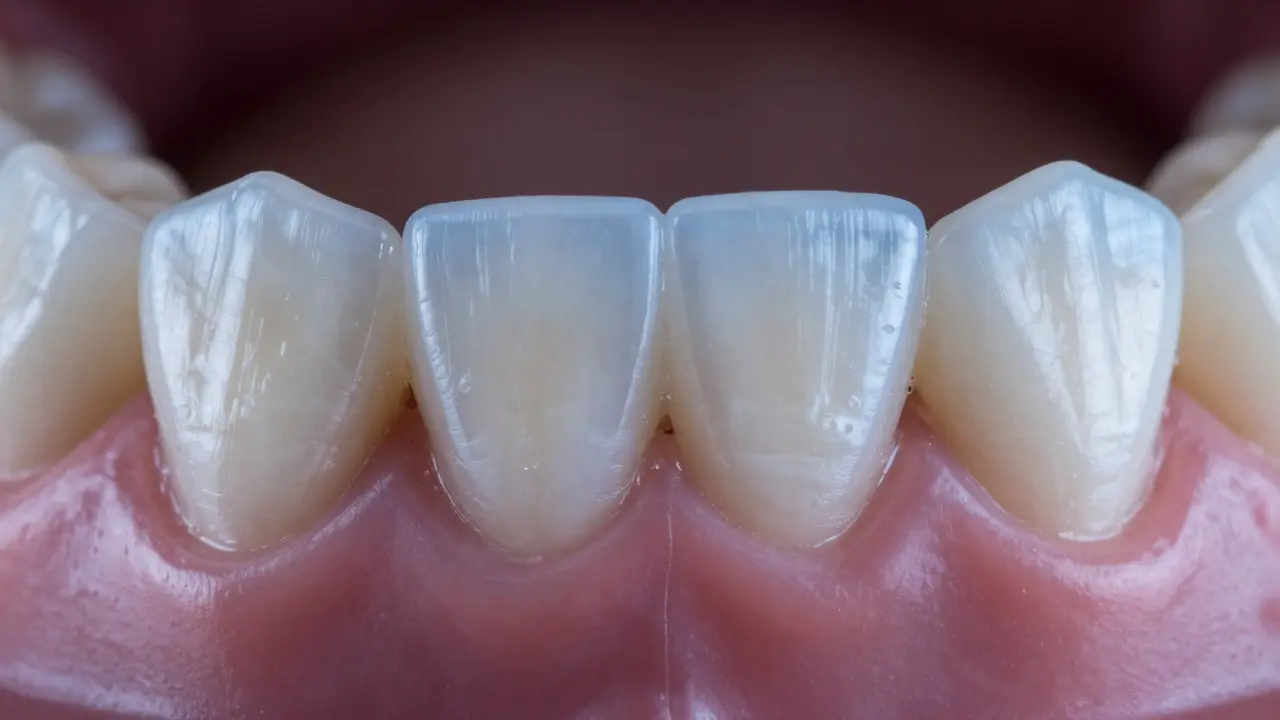 Detailní záběr keramické zubní fazety vedle modelu přirozeného zuba.