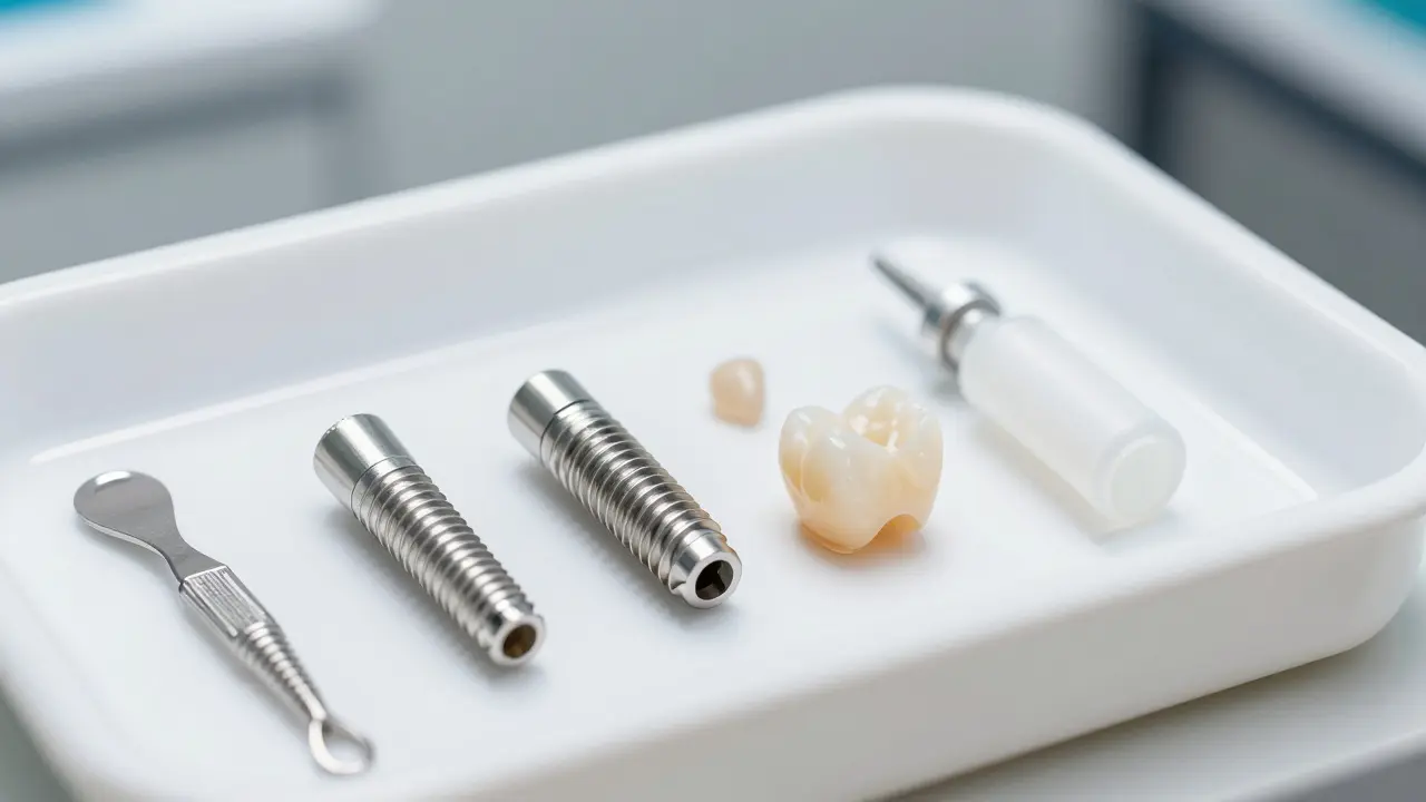 Detailní záběr na titánový implantát, abutment a keramickou korunku na chirurgickém tácu