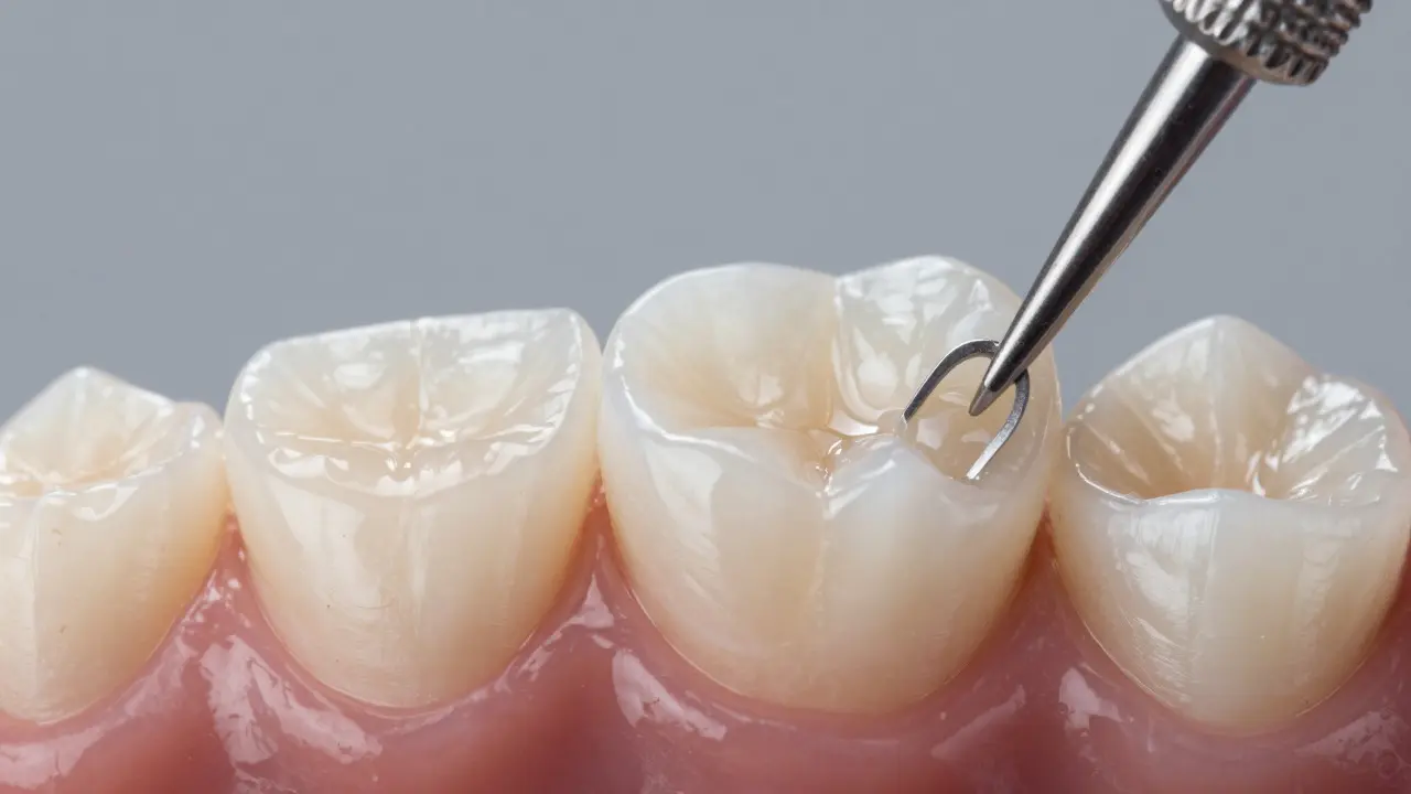 Detailní záběr nanášení kompozitní hmoty pro estetické vyrovnání zubů