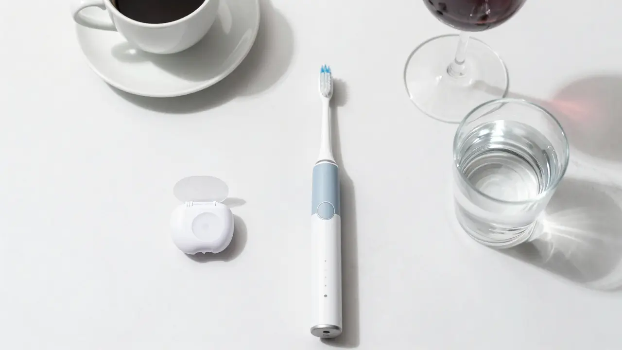 Elektrická zubní kartáčka a voda na mramorovém povrchu pro ústní hygienu