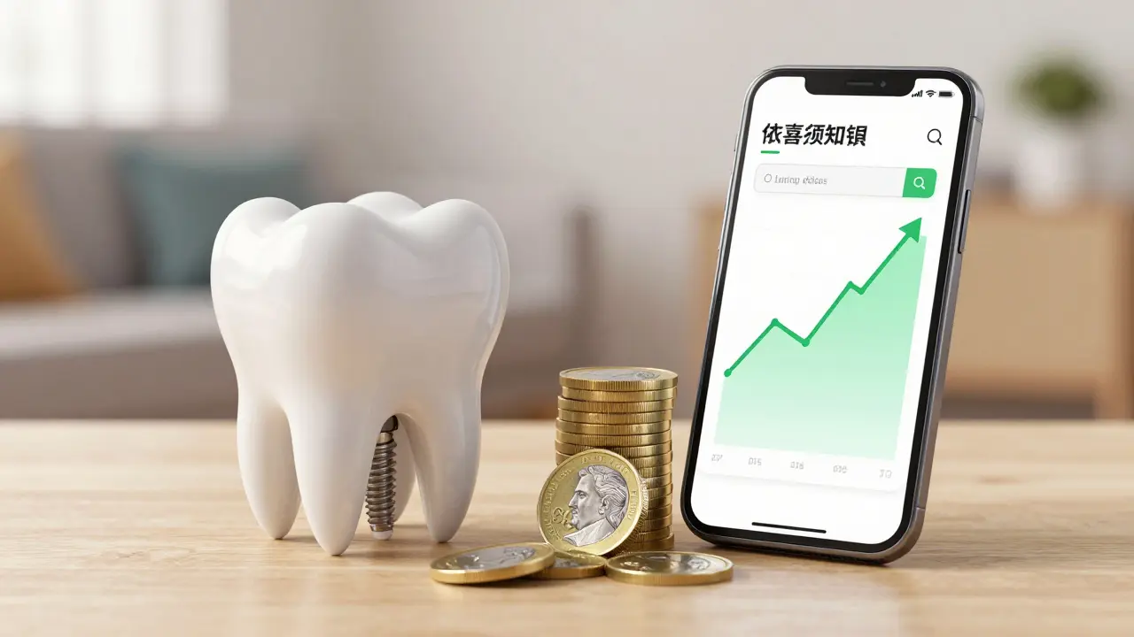 Model zubu s implantátem vedle mincí a chytrého telefonu s bankovní aplikací
