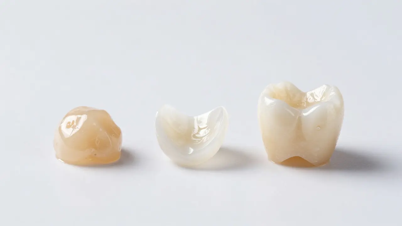 Porovnání materiálů pro opravy zubů: kompozit, keramická destička a korunka.
