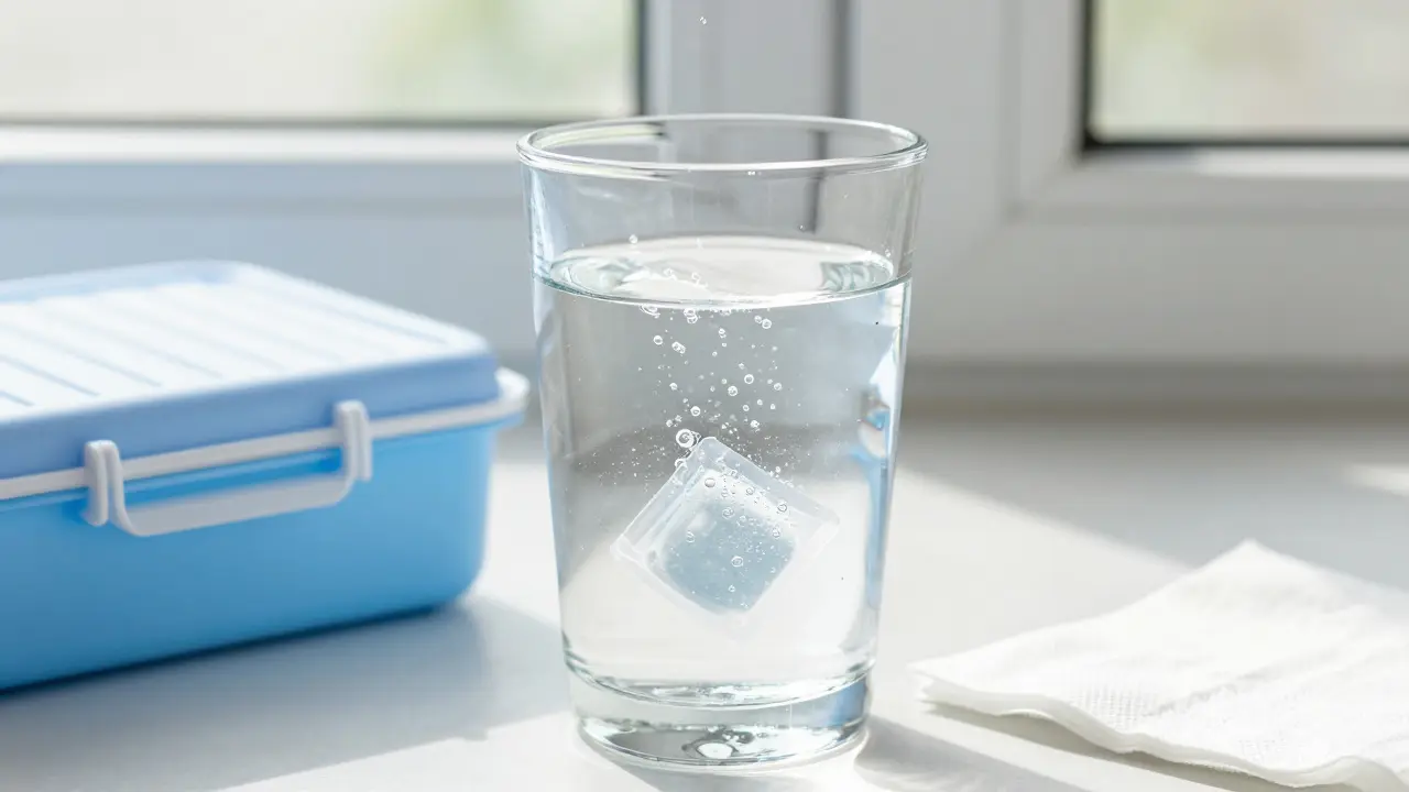 Retainer namočený ve vodě s čistící tabletou vedle pouzdra