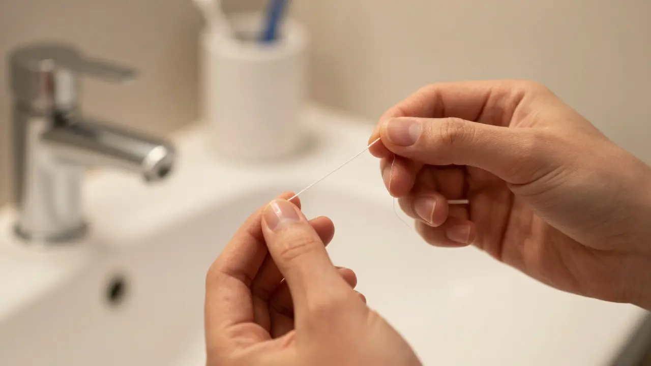 Ruce si připravují zubní nit k použití v koupelně