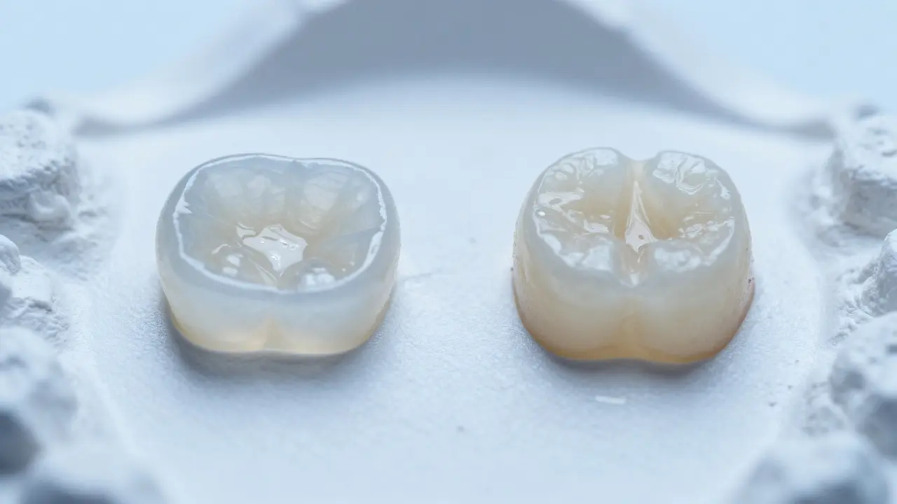 Srovnání keramické a kompozitní zubní fazety na laboratorním stole