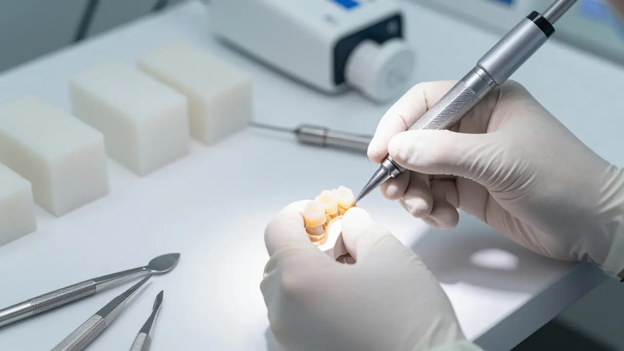 Technik v laboratoři ručně vyrábí tenké keramické zubní fazety