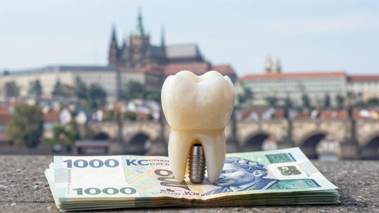 Umělý zub ležící na hromádce českých korun s rozostřenou siluetou Prahy na pozadí